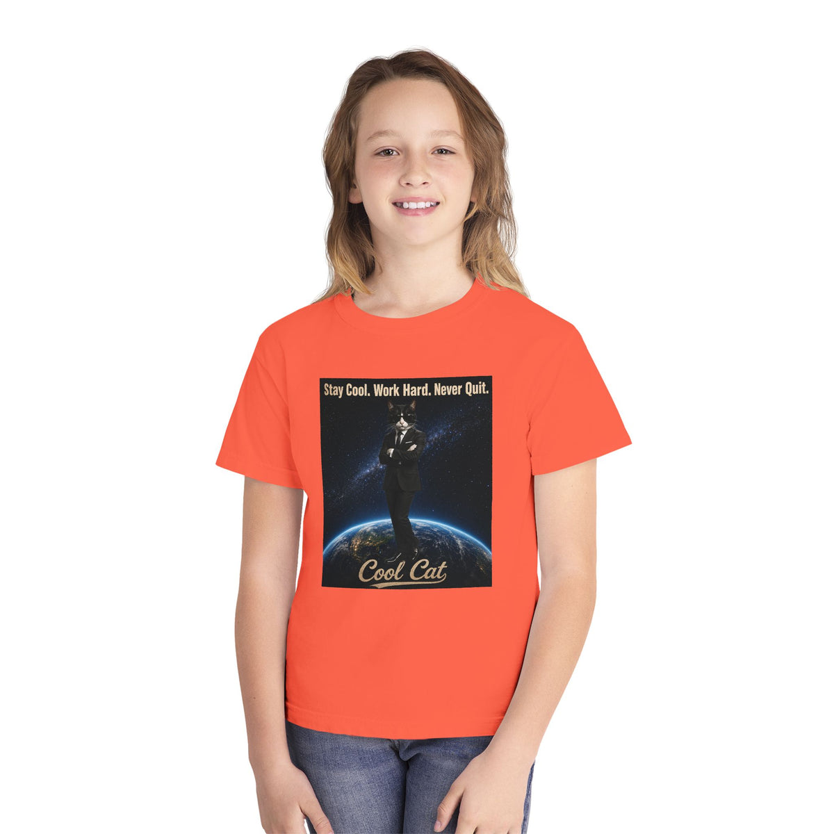 Cool Cat Youth Tee — "Stay Cool, Work Hard, Never Quit" Motivational Graphic Shirt