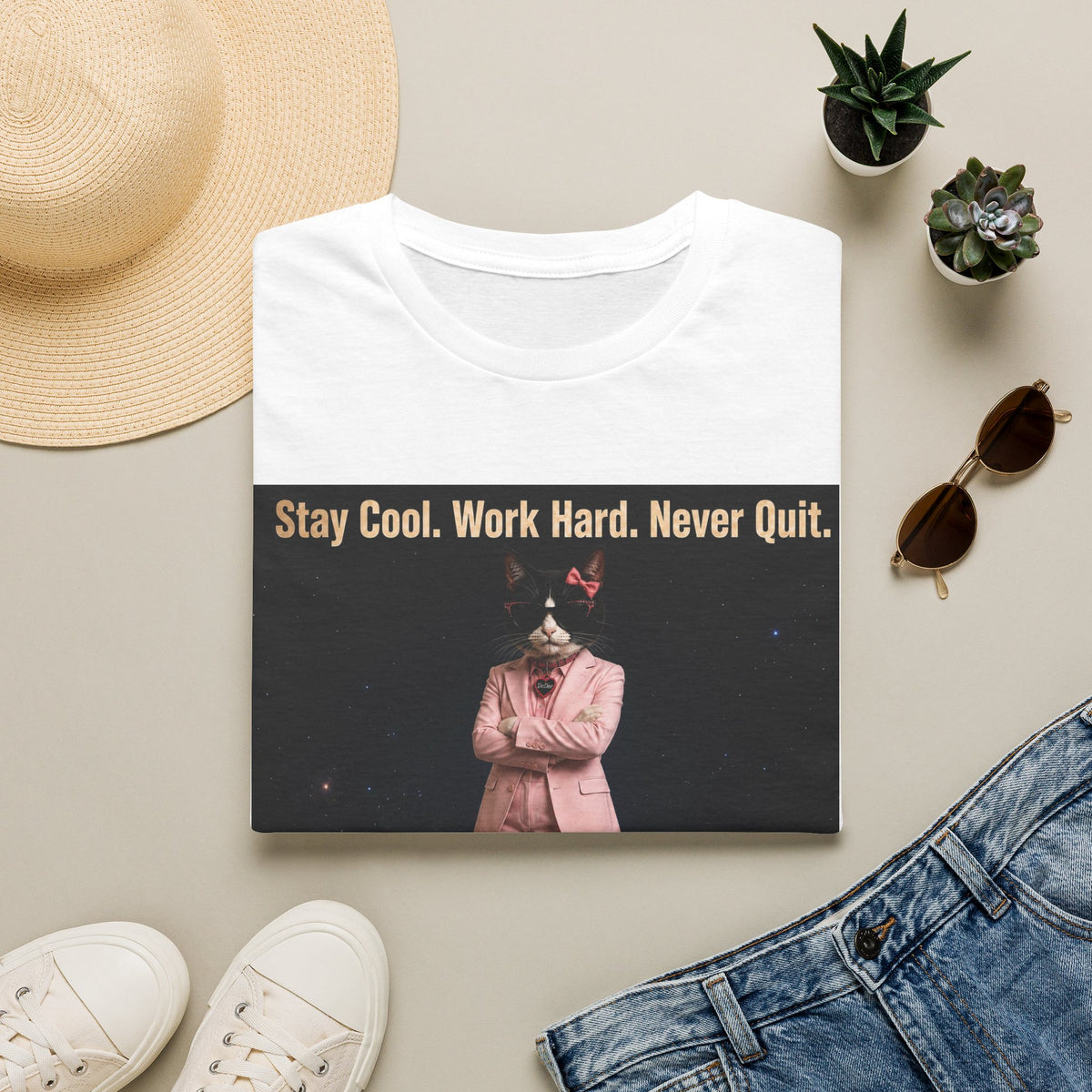 Cool Cat De Dee Standing on the Globe Motivational T-Shirt — "Stay Cool. Work Hard. Never Quit."