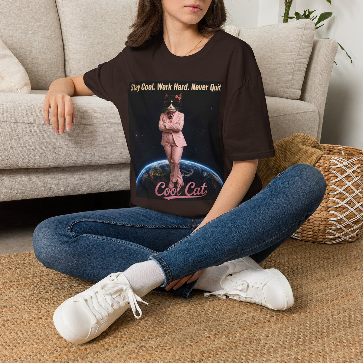 Cool Cat De Dee Standing on the Globe Motivational T-Shirt — "Stay Cool. Work Hard. Never Quit."