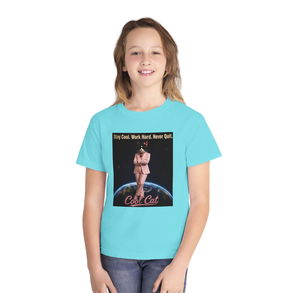 Cool Cat De Dee Standing on the Globe  Youth Tee — "Stay Cool, Work Hard, Never Quit" Motivational Graphic Shirt
