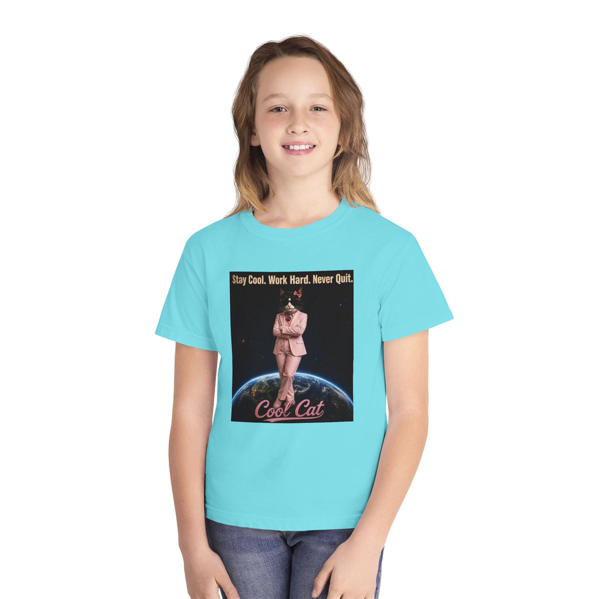 Cool Cat De Dee Standing on the Globe  Youth Tee — "Stay Cool, Work Hard, Never Quit" Motivational Graphic Shirt