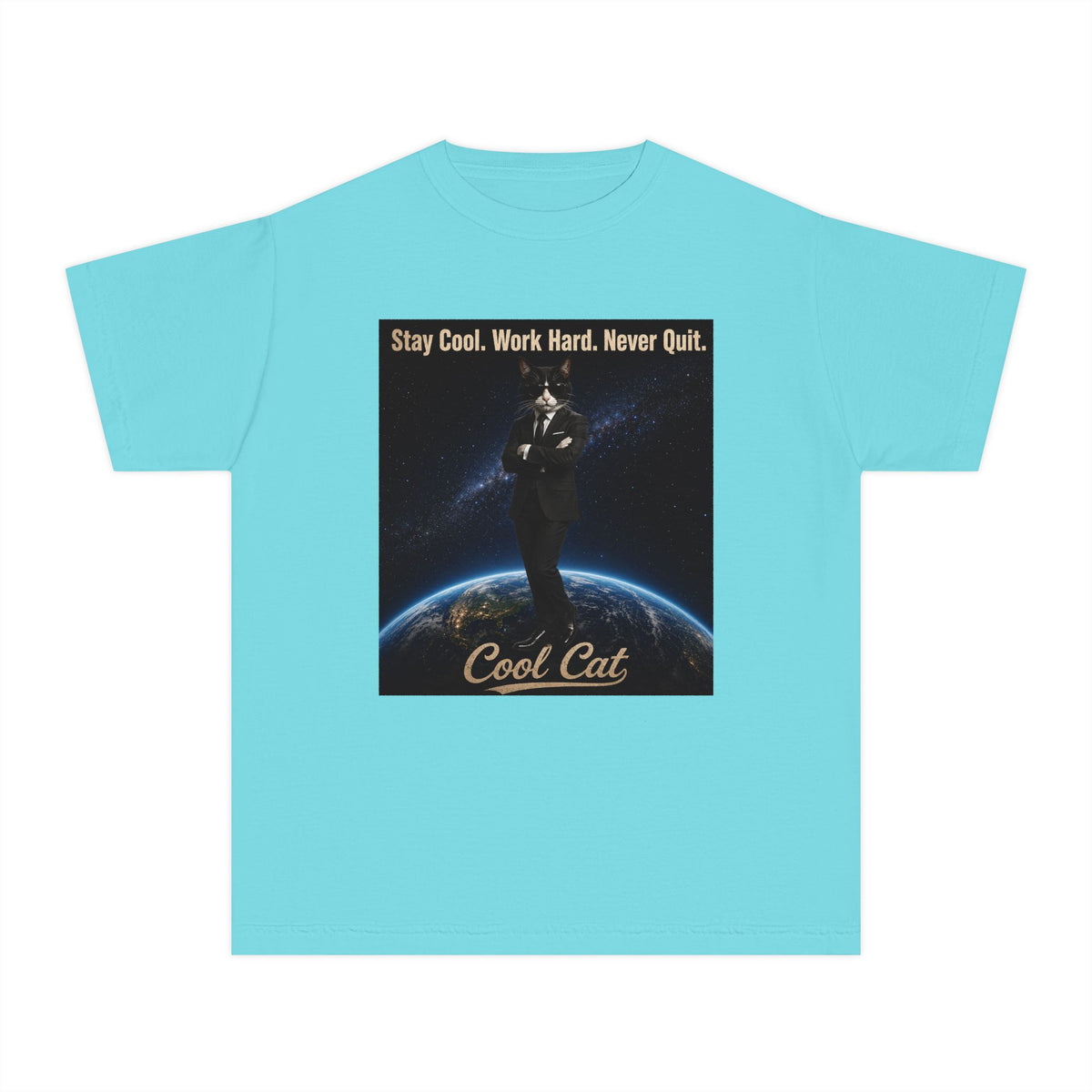 Cool Cat Youth Tee — "Stay Cool, Work Hard, Never Quit" Motivational Graphic Shirt