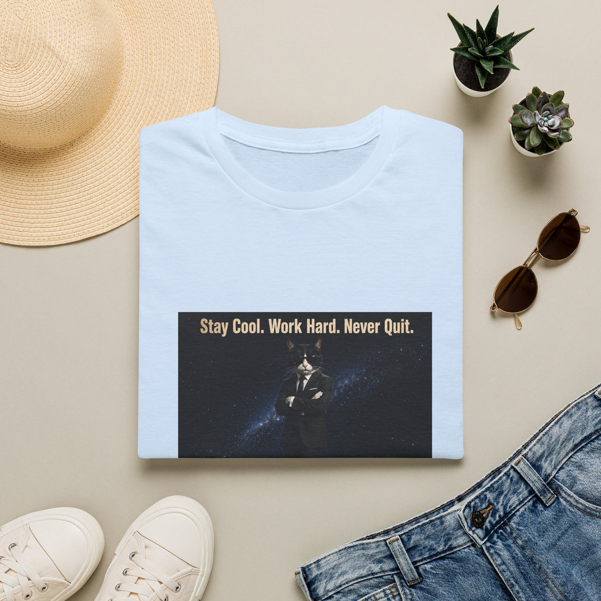 Cool Cat Motivational T-Shirt — "Stay Cool. Work Hard. Never Quit."