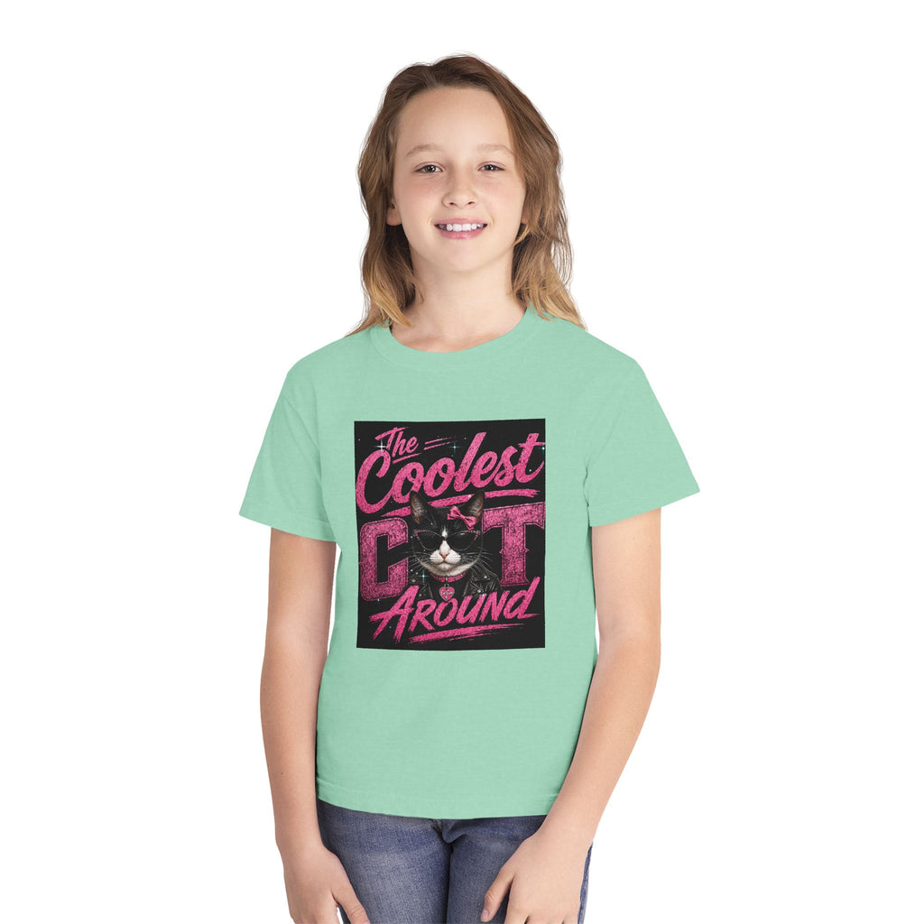 Youth Tee — "The Coolest Cat Around" Graphic Cat Shirt