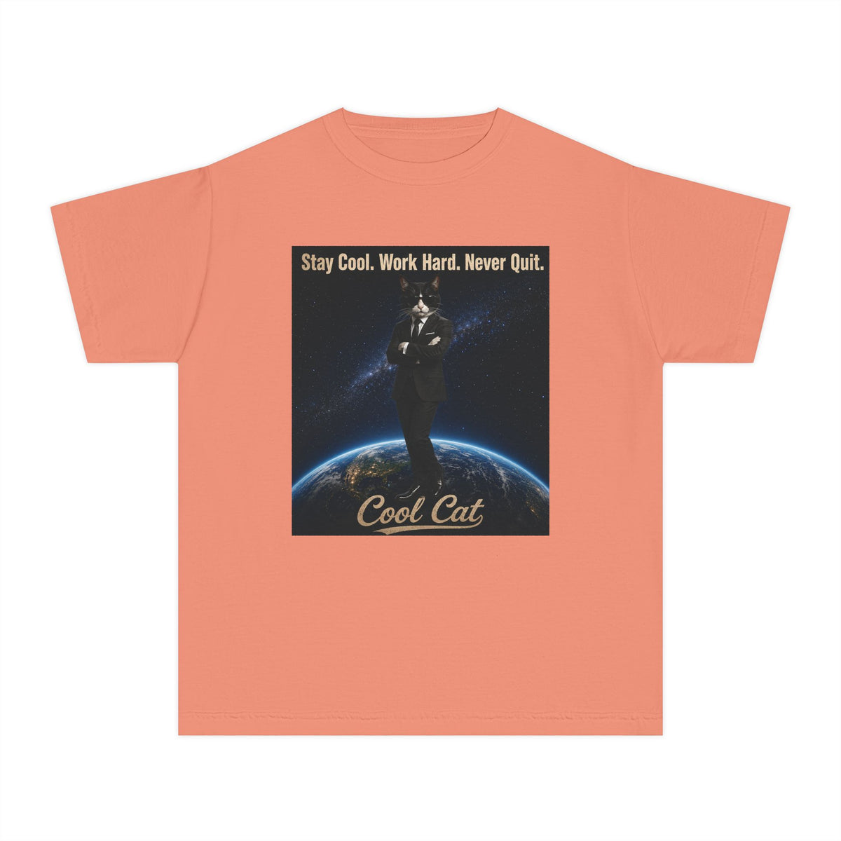 Cool Cat Youth Tee — "Stay Cool, Work Hard, Never Quit" Motivational Graphic Shirt