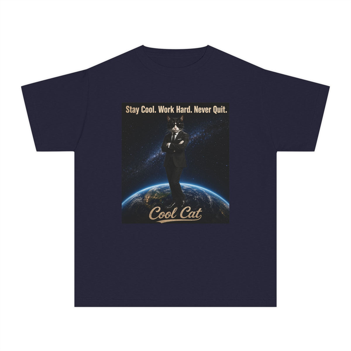 Cool Cat Youth Tee — "Stay Cool, Work Hard, Never Quit" Motivational Graphic Shirt