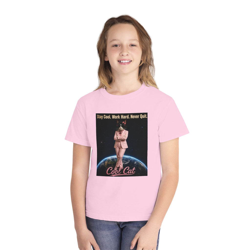 Cool Cat De Dee Standing on the Globe  Youth Tee — "Stay Cool, Work Hard, Never Quit" Motivational Graphic Shirt