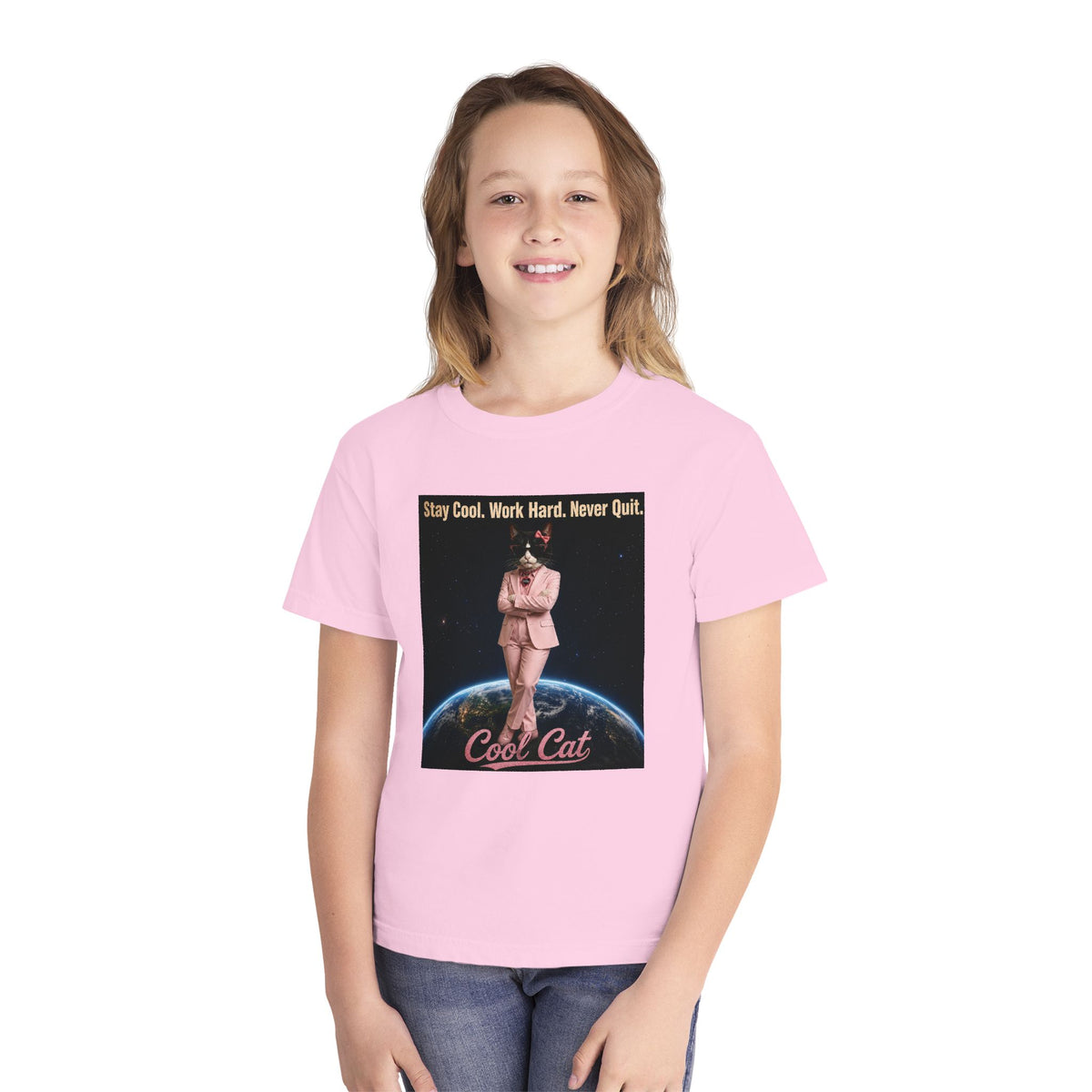 Cool Cat De Dee Standing on the Globe  Youth Tee — "Stay Cool, Work Hard, Never Quit" Motivational Graphic Shirt