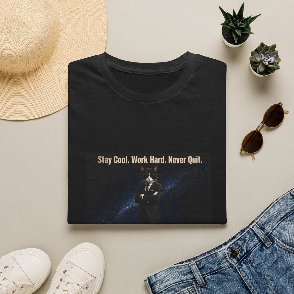 Cool Cat Motivational T-Shirt — "Stay Cool. Work Hard. Never Quit."