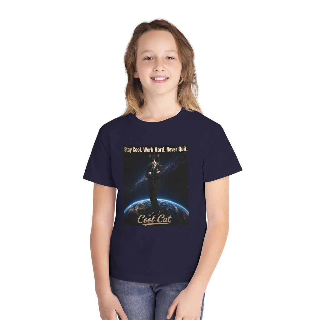 Cool Cat Youth Tee — "Stay Cool, Work Hard, Never Quit" Motivational Graphic Shirt
