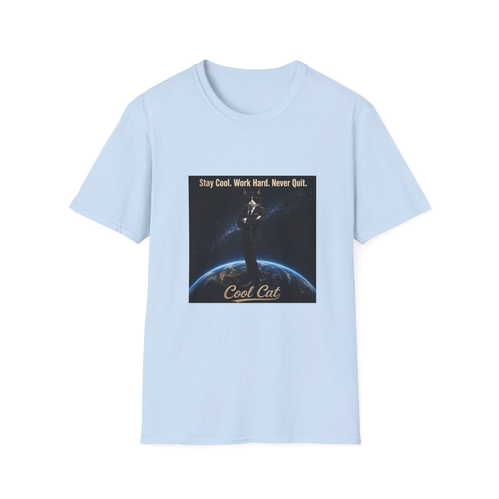 Cool Cat Motivational T-Shirt — "Stay Cool. Work Hard. Never Quit."