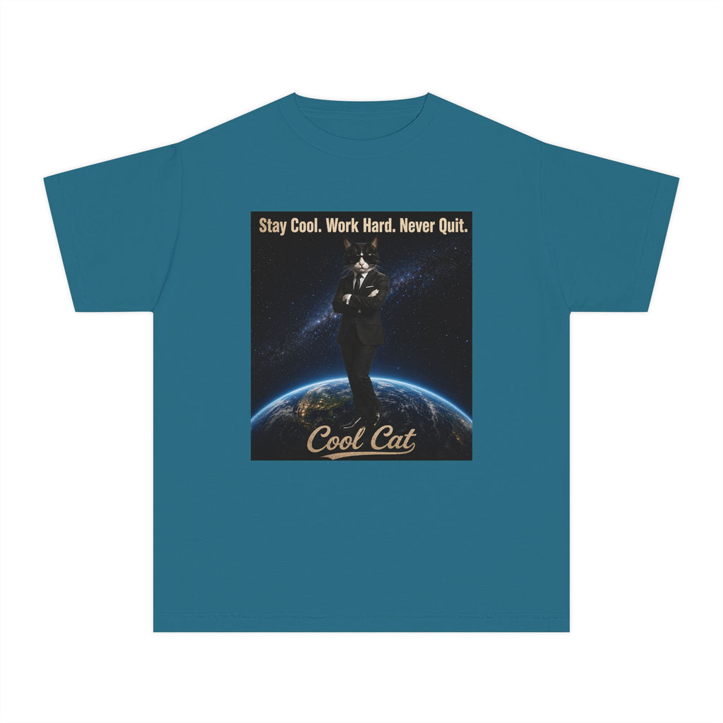 Cool Cat Youth Tee — "Stay Cool, Work Hard, Never Quit" Motivational Graphic Shirt