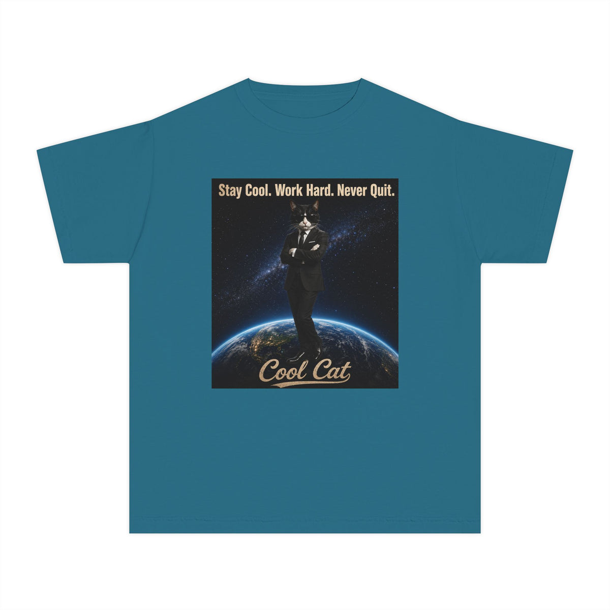 Cool Cat Youth Tee — "Stay Cool, Work Hard, Never Quit" Motivational Graphic Shirt
