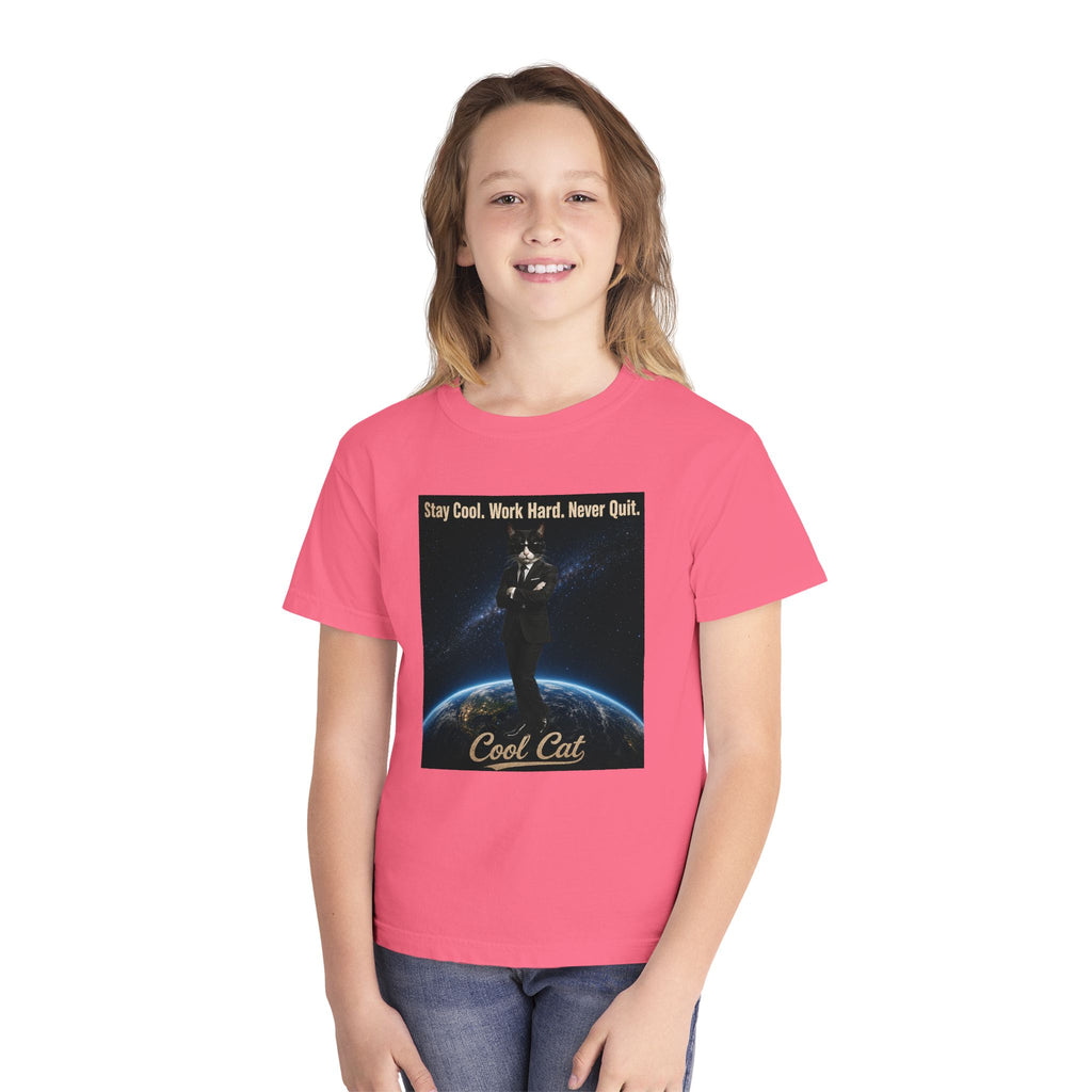 Cool Cat Youth Tee — "Stay Cool, Work Hard, Never Quit" Motivational Graphic Shirt