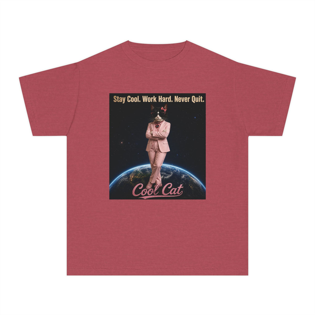 Cool Cat De Dee Standing on the Globe Youth Tee — 'Stay Cool. Work Hard. Never Quit.' Motivational Graphic Tee