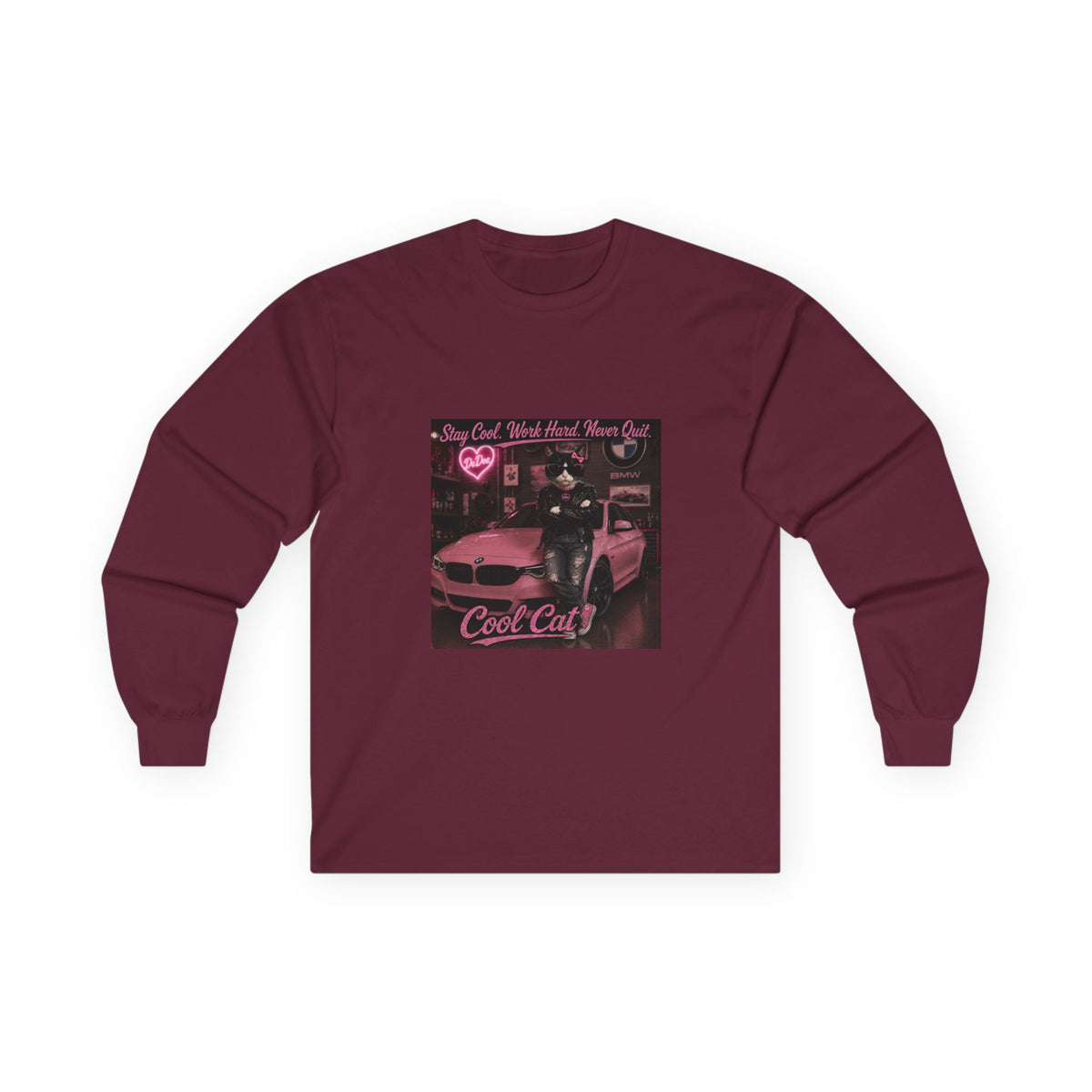 Cool Cat Long Sleeve Tee – "Stay Cool. Work Hard. Never Quit." Graphic Shirt