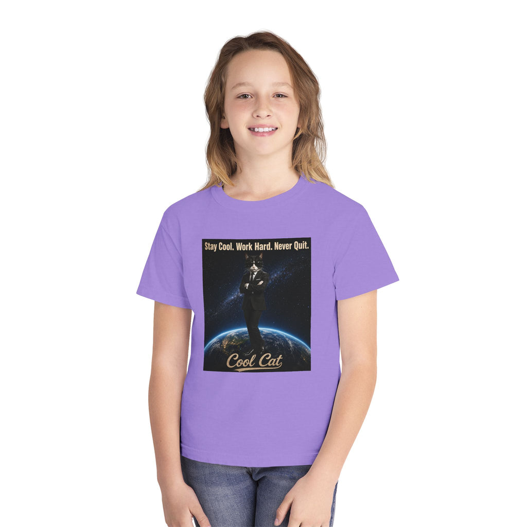 Cool Cat Youth Tee — "Stay Cool, Work Hard, Never Quit" Motivational Graphic Shirt