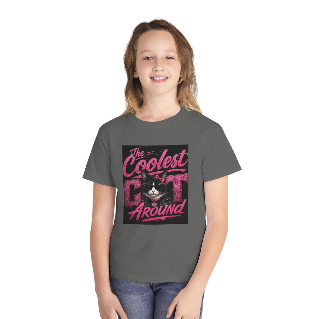 Youth Tee — "The Coolest Cat Around" Graphic Cat Shirt