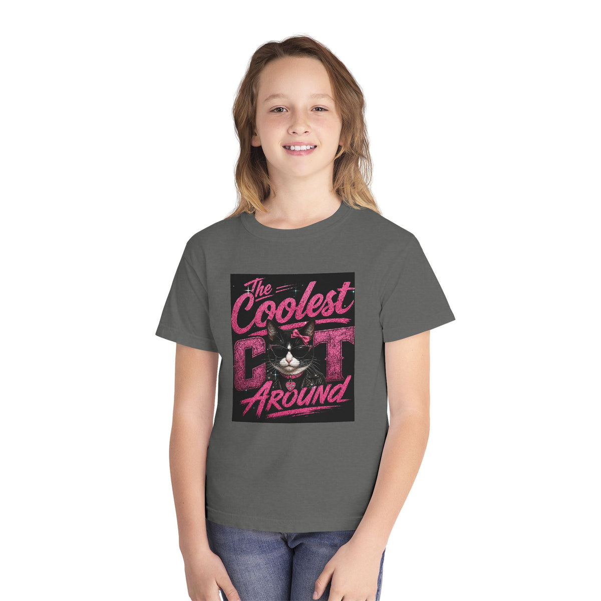Youth Tee — "The Coolest Cat Around" Graphic Cat Shirt
