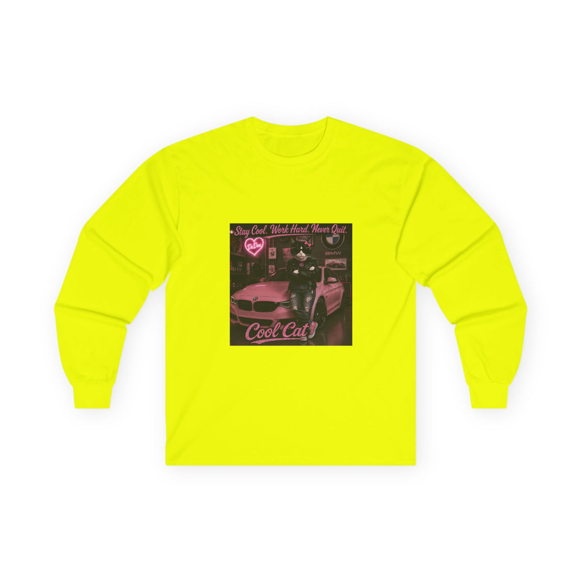 Cool Cat Long Sleeve Tee – "Stay Cool. Work Hard. Never Quit." Graphic Shirt