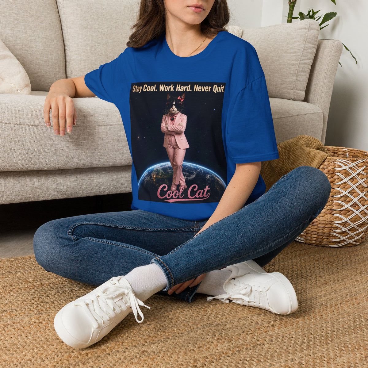 Cool Cat De Dee Standing on the Globe Motivational T-Shirt — "Stay Cool. Work Hard. Never Quit."