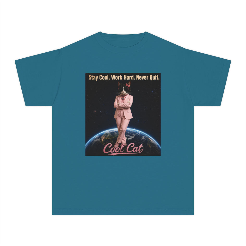 Cool Cat De Dee Standing on the Globe Youth Tee — 'Stay Cool. Work Hard. Never Quit.' Motivational Graphic Tee