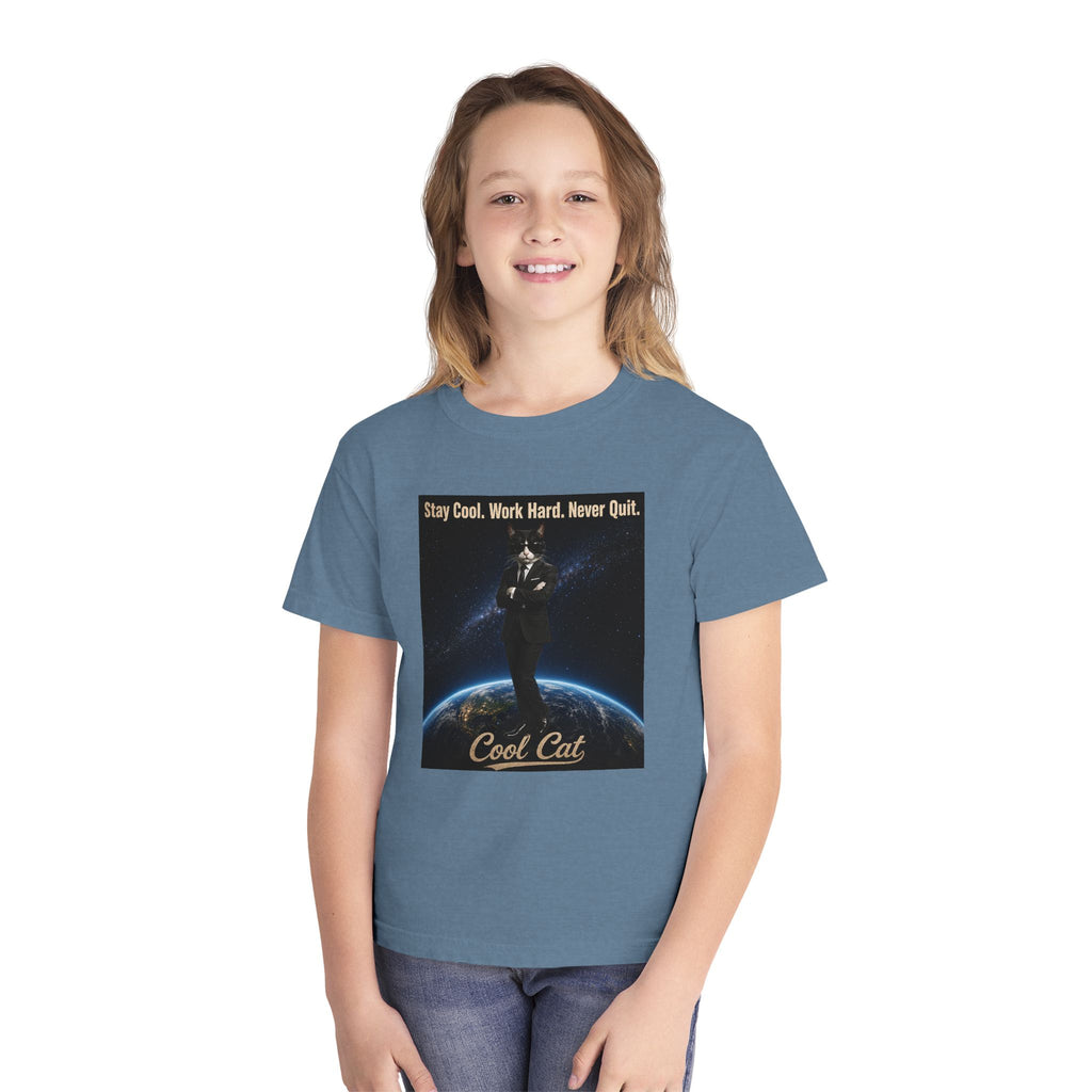 Cool Cat Youth Tee — "Stay Cool, Work Hard, Never Quit" Motivational Graphic Shirt