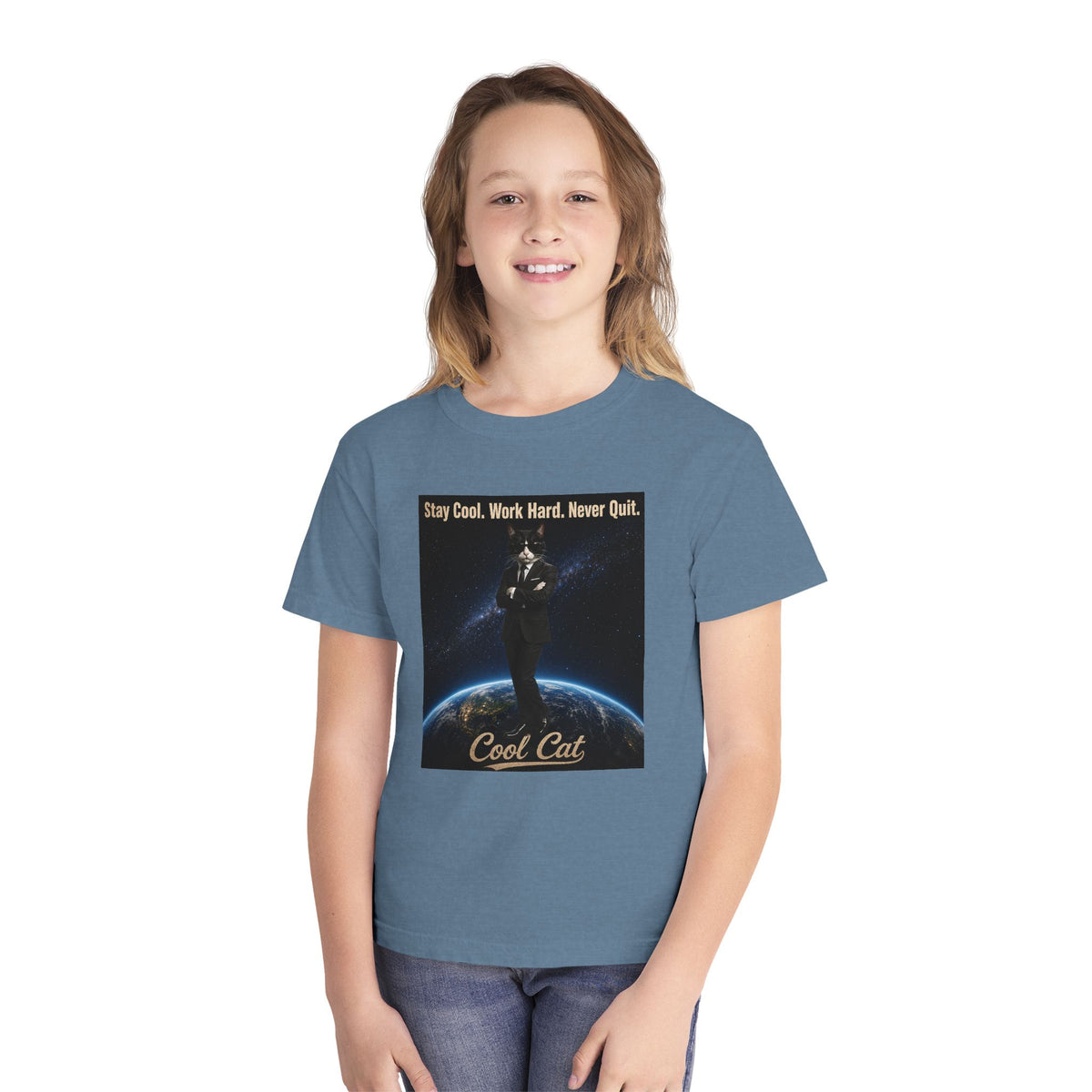 Cool Cat Youth Tee — "Stay Cool, Work Hard, Never Quit" Motivational Graphic Shirt