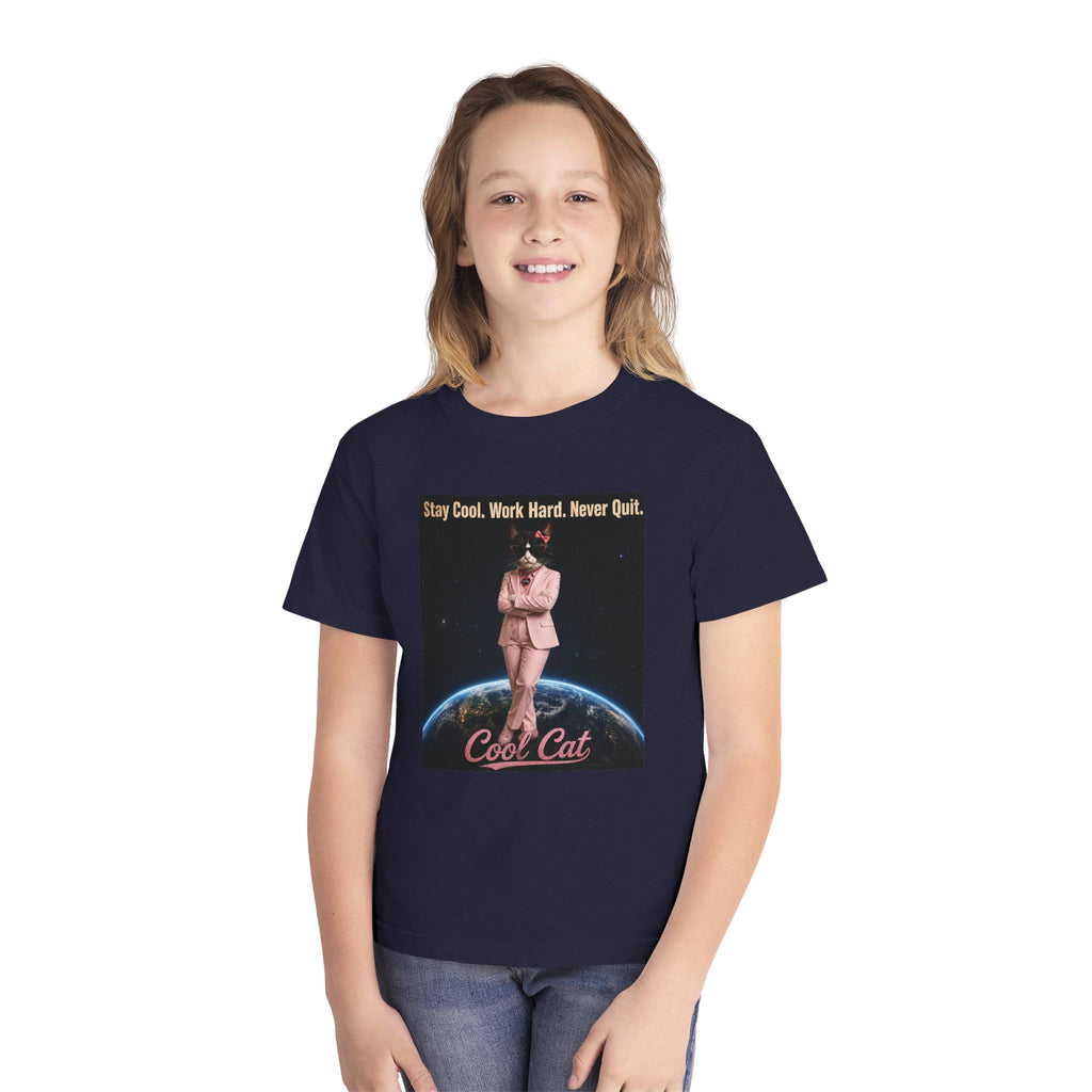 Cool Cat De Dee Standing on the Globe  Youth Tee — "Stay Cool, Work Hard, Never Quit" Motivational Graphic Shirt