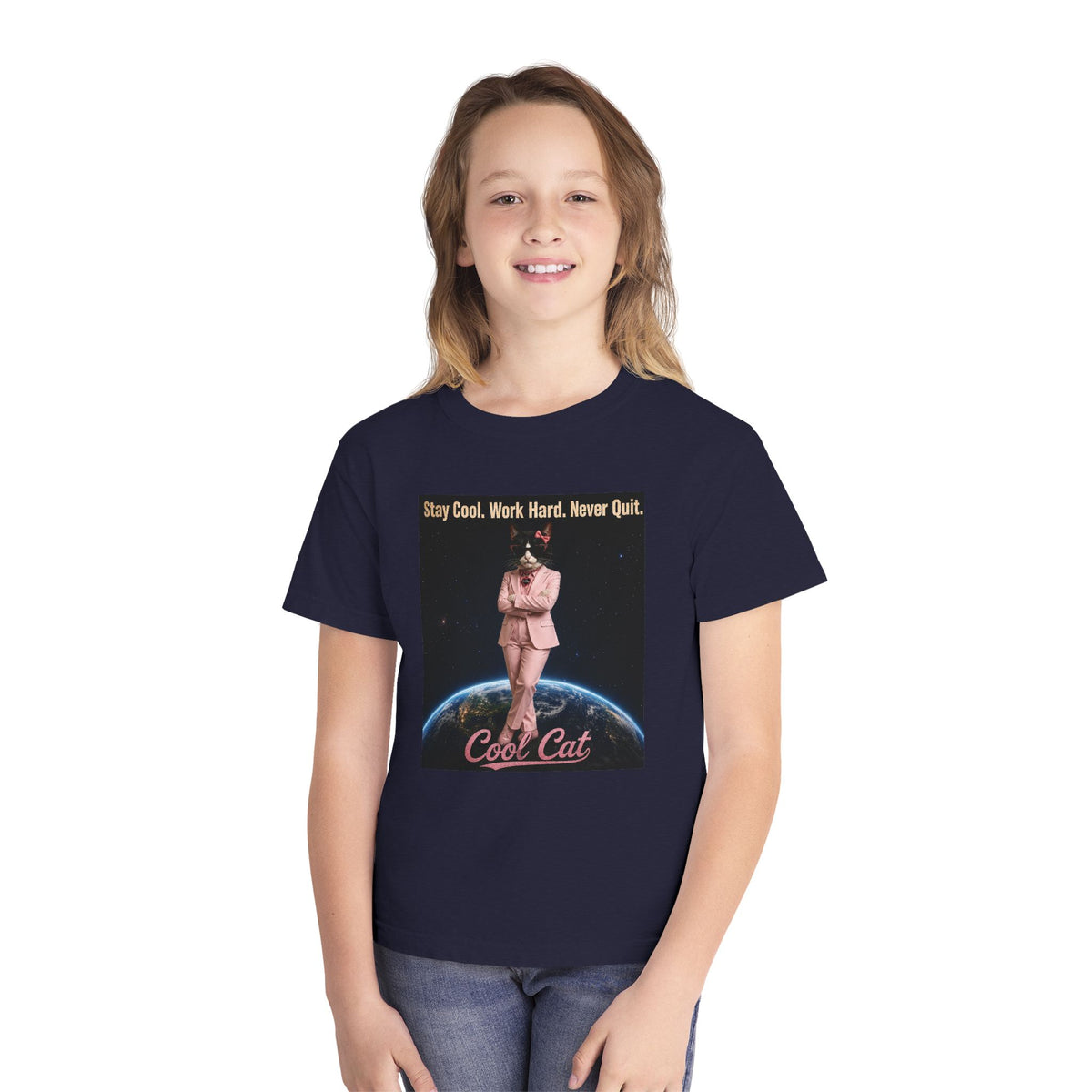 Cool Cat De Dee Standing on the Globe  Youth Tee — "Stay Cool, Work Hard, Never Quit" Motivational Graphic Shirt