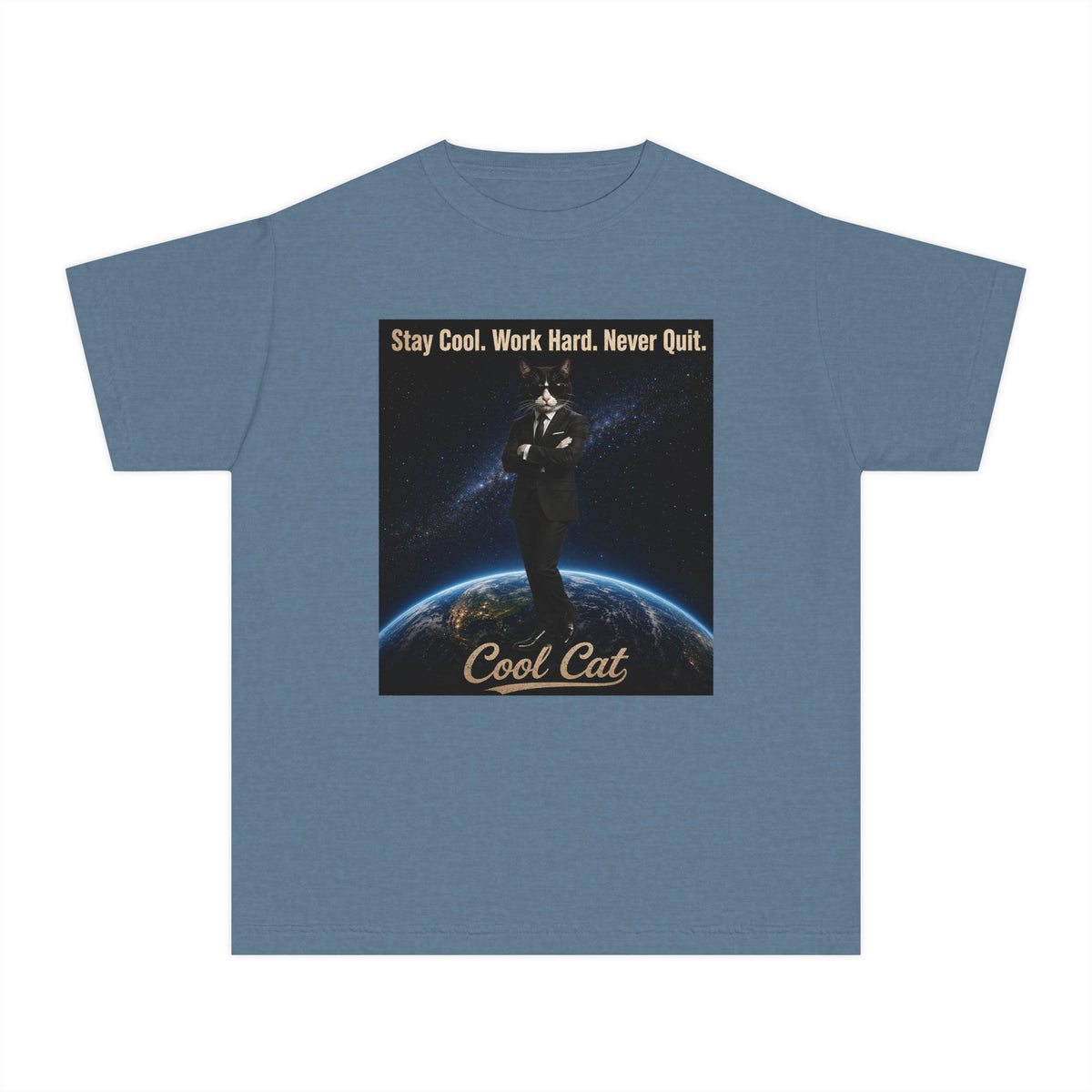 Cool Cat Youth Tee — "Stay Cool, Work Hard, Never Quit" Motivational Graphic Shirt