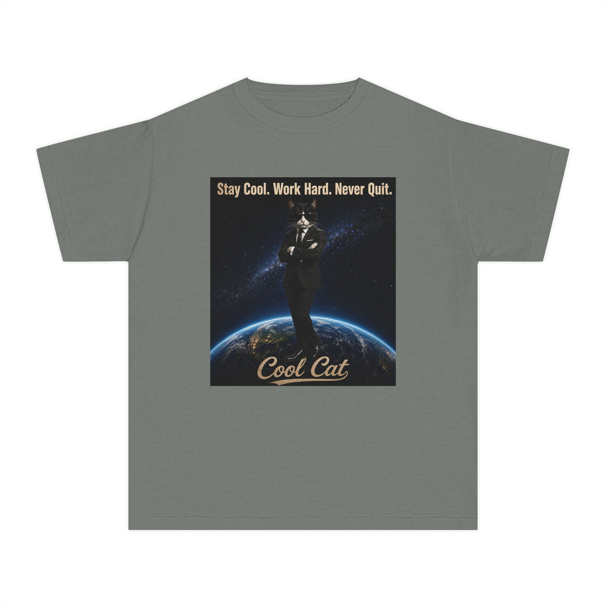 Cool Cat Youth Tee — "Stay Cool, Work Hard, Never Quit" Motivational Graphic Shirt