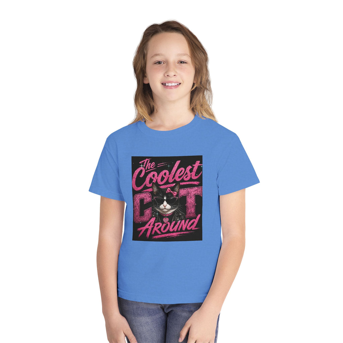 Youth Tee — "The Coolest Cat Around" Graphic Cat Shirt