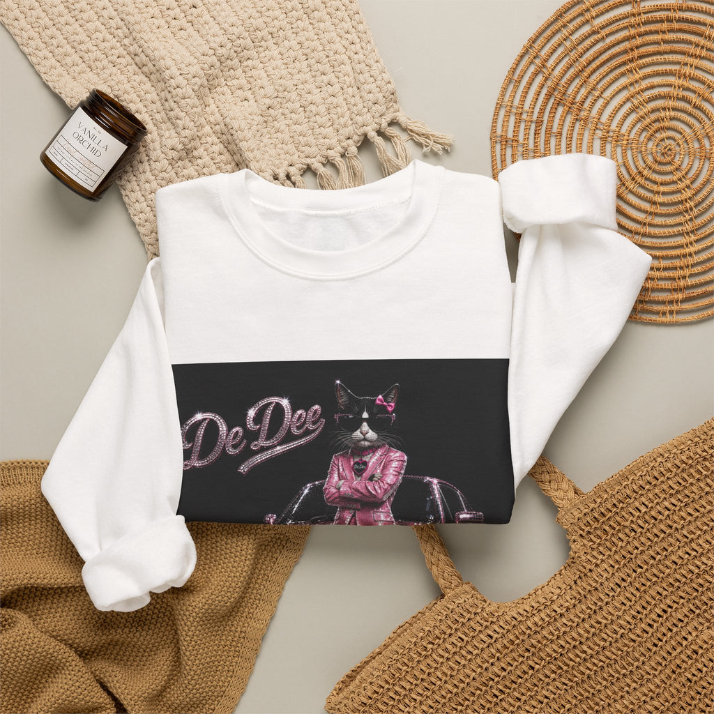Cool Cat sparkles car Sweatshirt Pink DeDee— Retro Cat Graphic Crewneck