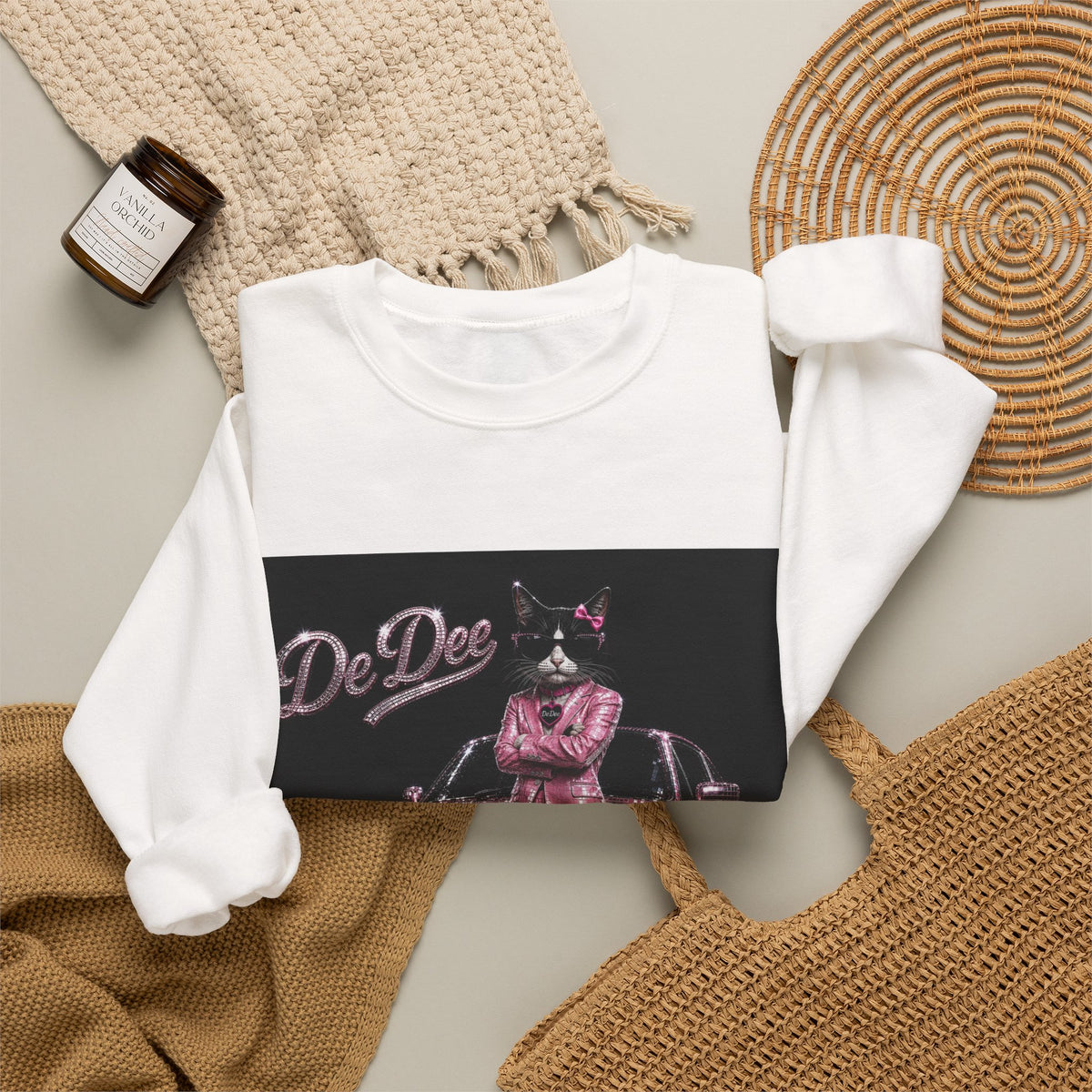 Cool Cat sparkles car Sweatshirt Pink DeDee— Retro Cat Graphic Crewneck