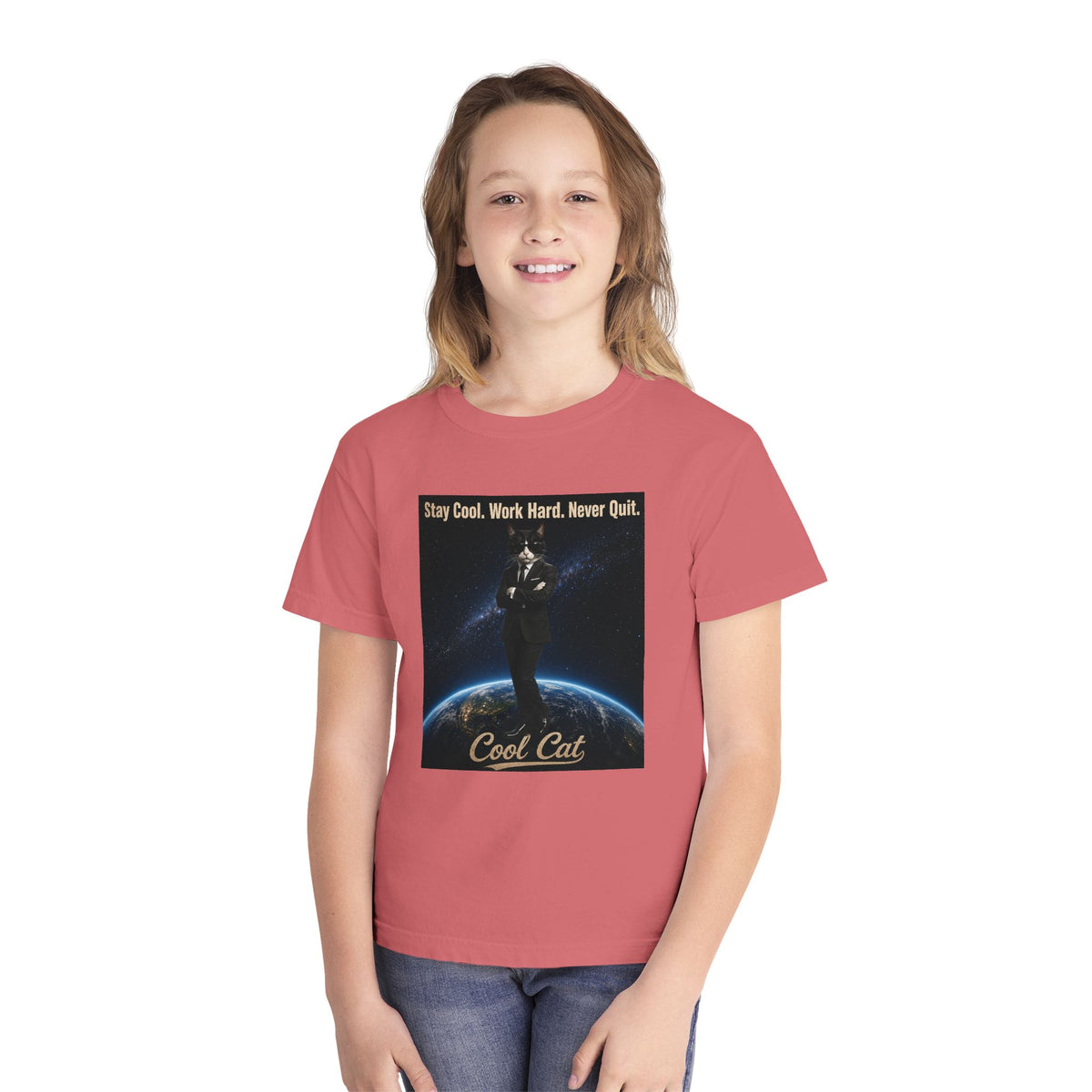 Cool Cat Youth Tee — "Stay Cool, Work Hard, Never Quit" Motivational Graphic Shirt
