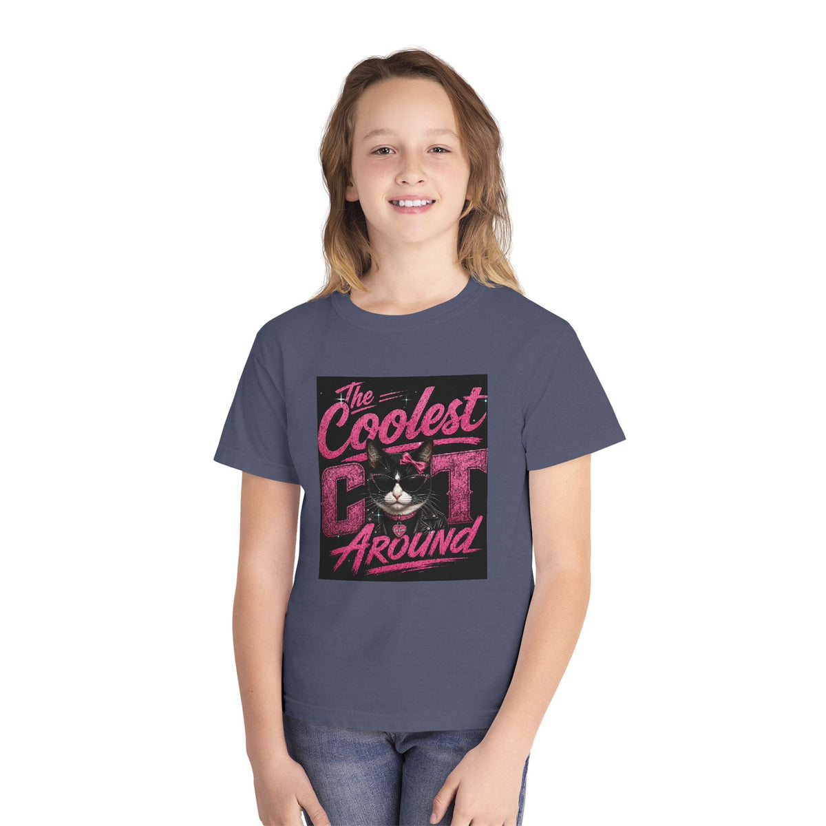 Youth Tee — "The Coolest Cat Around" Graphic Cat Shirt