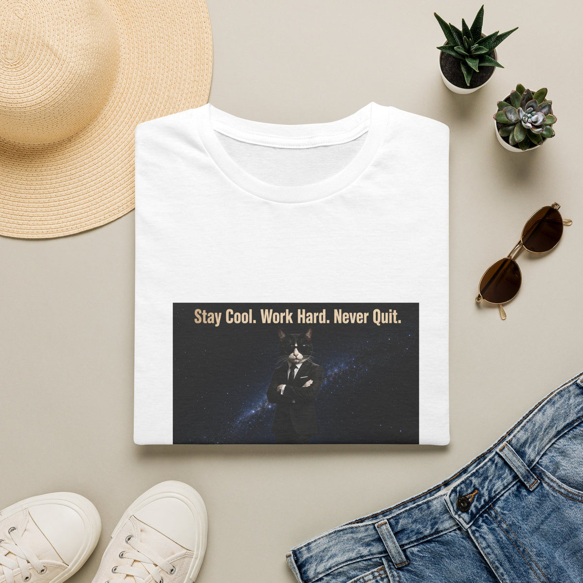 Cool Cat Motivational T-Shirt — "Stay Cool. Work Hard. Never Quit."