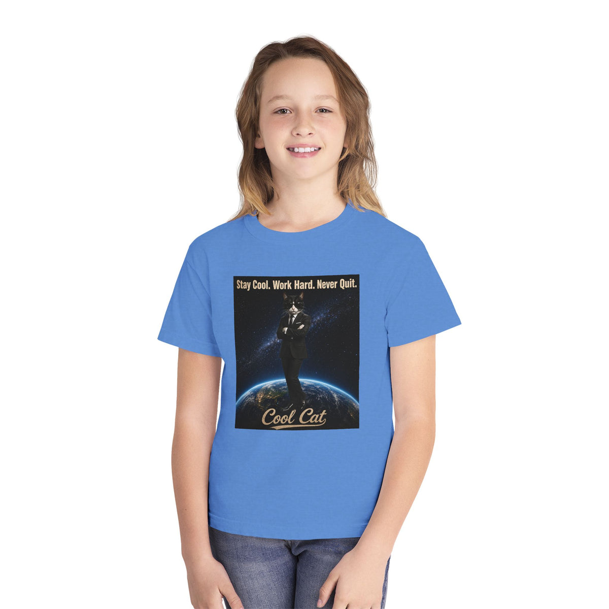 Cool Cat Youth Tee — "Stay Cool, Work Hard, Never Quit" Motivational Graphic Shirt