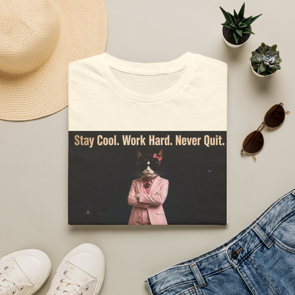 Cool Cat De Dee Standing on the Globe Motivational T-Shirt — "Stay Cool. Work Hard. Never Quit."