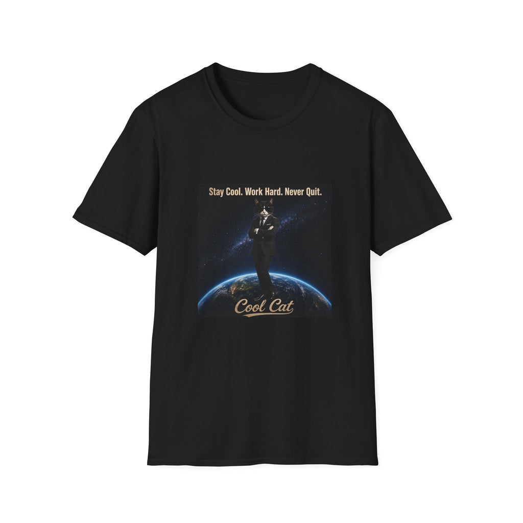 Cool Cat Motivational T-Shirt — "Stay Cool. Work Hard. Never Quit."