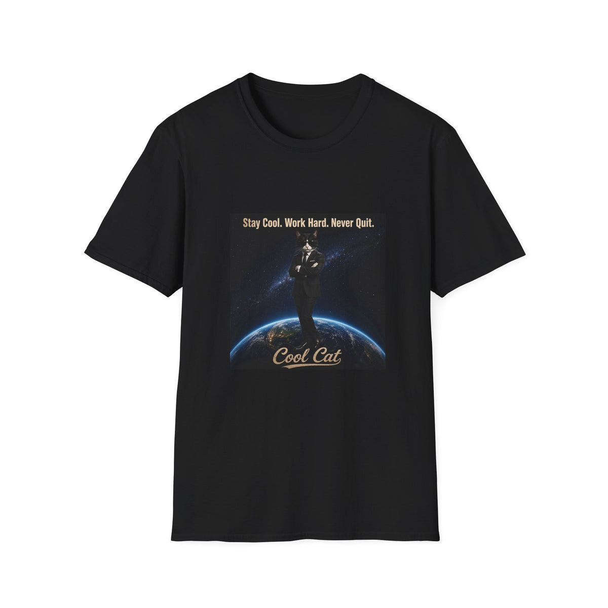 Cool Cat Motivational T-Shirt — "Stay Cool. Work Hard. Never Quit."
