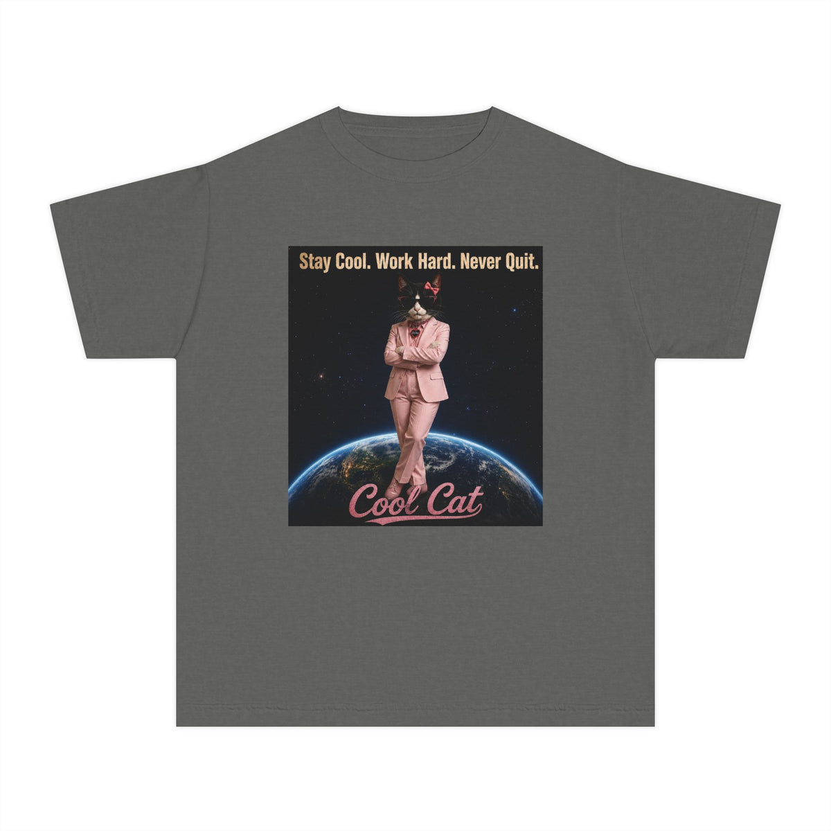 Cool Cat De Dee Standing on the Globe Youth Tee — 'Stay Cool. Work Hard. Never Quit.' Motivational Graphic Tee
