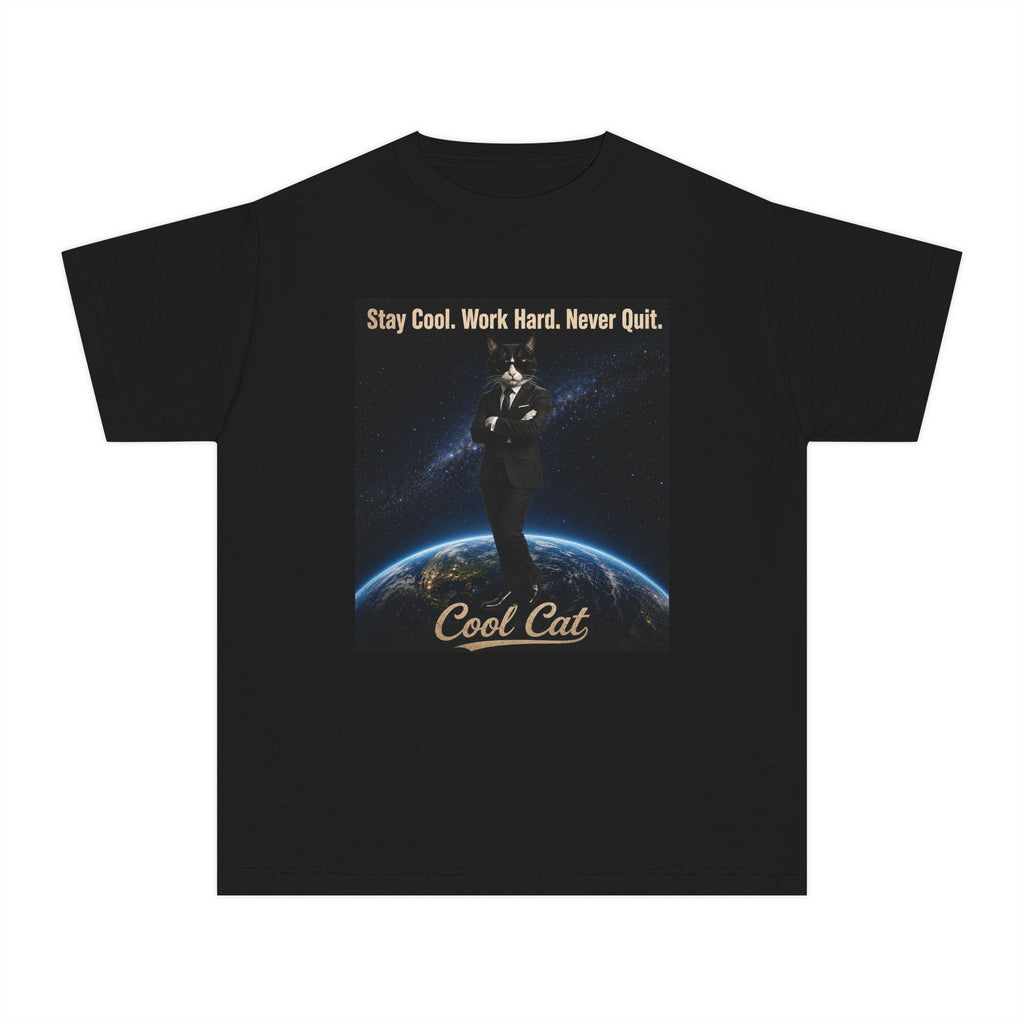 Cool Cat Youth Tee — "Stay Cool, Work Hard, Never Quit" Motivational Graphic Shirt
