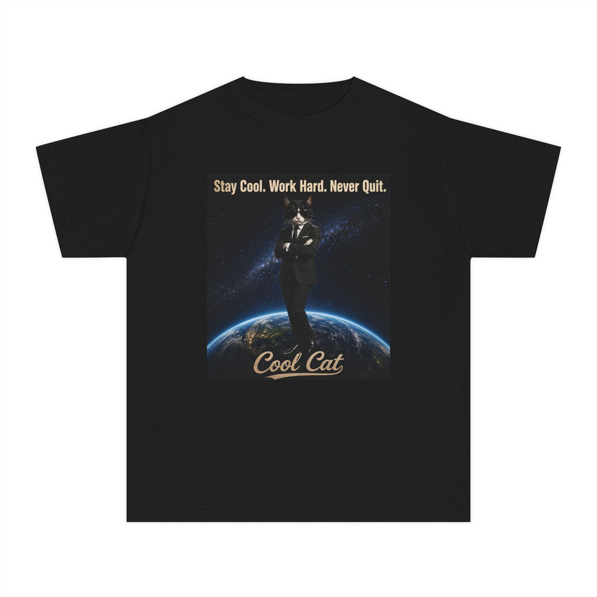 Cool Cat Youth Tee — "Stay Cool, Work Hard, Never Quit" Motivational Graphic Shirt