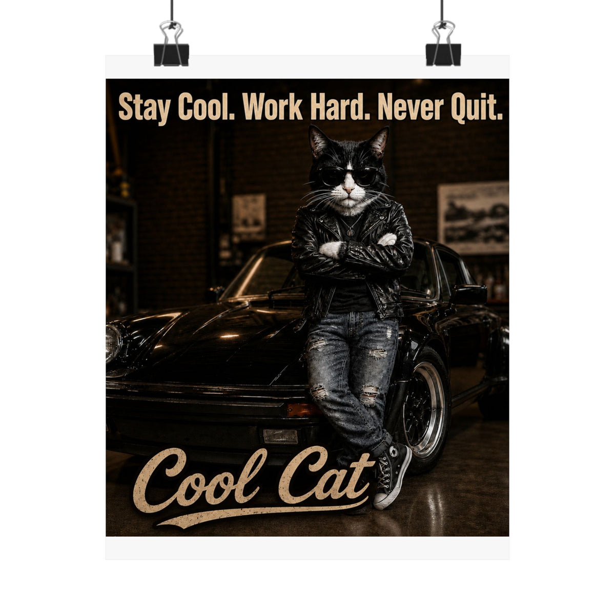 "Stay Cool. Work Hard. Never Quit." Cool Cat " Matte Vertical Posters