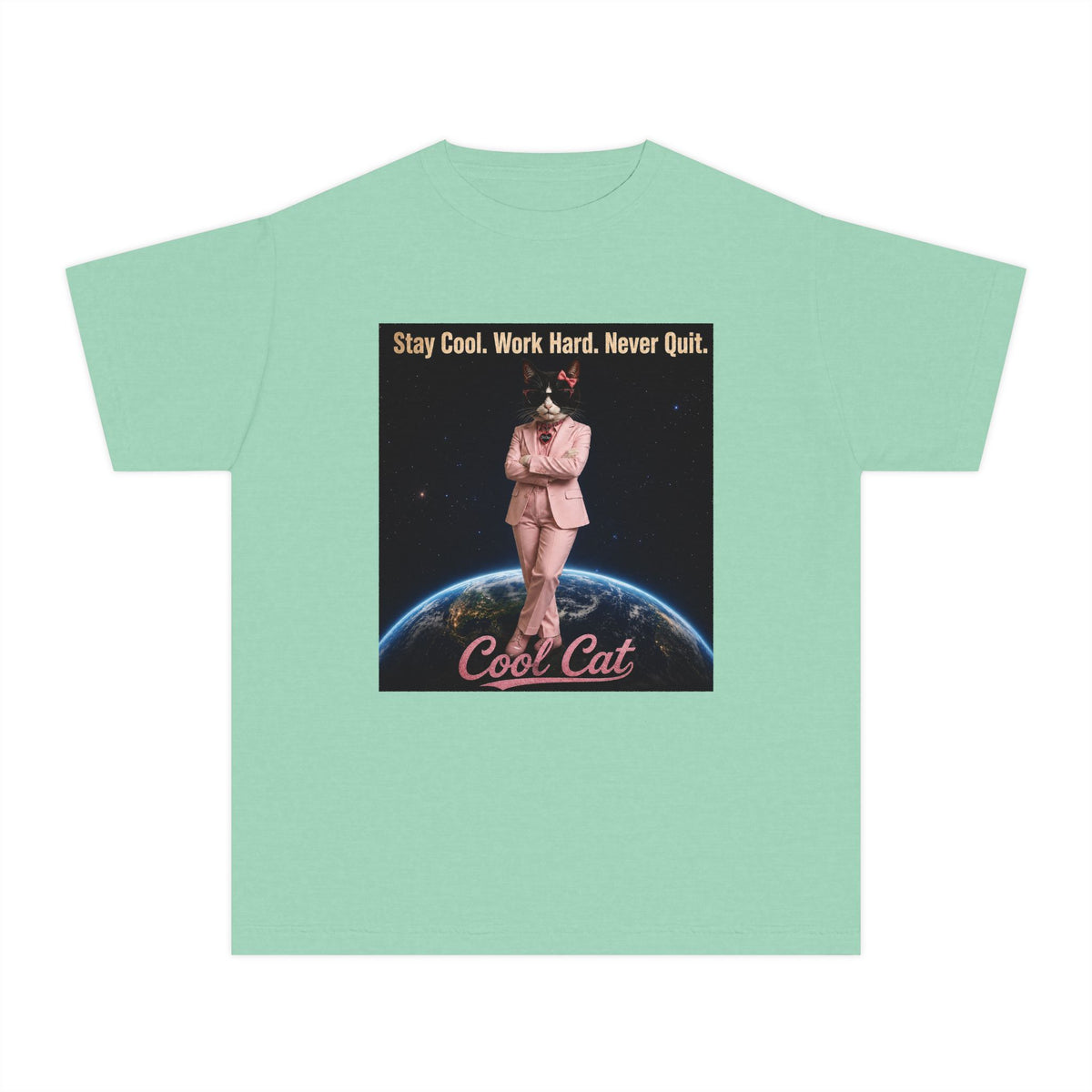 Cool Cat De Dee Standing on the Globe Youth Tee — 'Stay Cool. Work Hard. Never Quit.' Motivational Graphic Tee