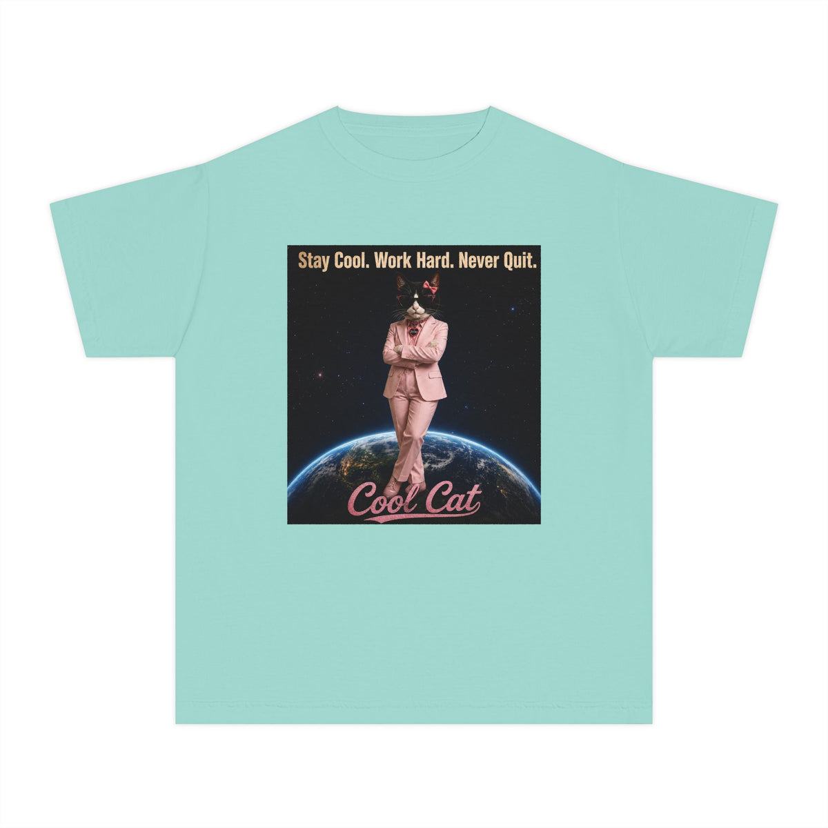 Cool Cat De Dee Standing on the Globe Youth Tee — 'Stay Cool. Work Hard. Never Quit.' Motivational Graphic Tee