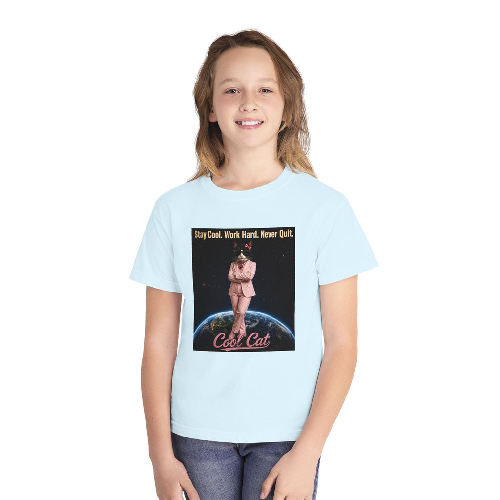 Cool Cat De Dee Standing on the Globe Youth Tee — 'Stay Cool. Work Hard. Never Quit.' Motivational Graphic Tee