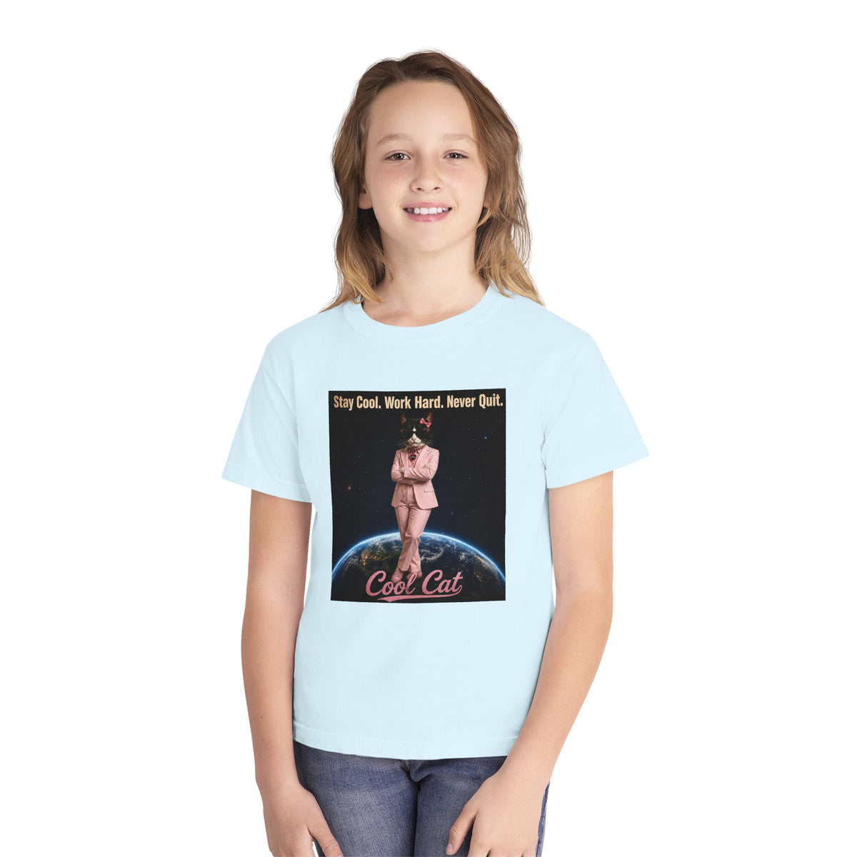 Cool Cat De Dee Standing on the Globe Youth Tee — 'Stay Cool. Work Hard. Never Quit.' Motivational Graphic Tee